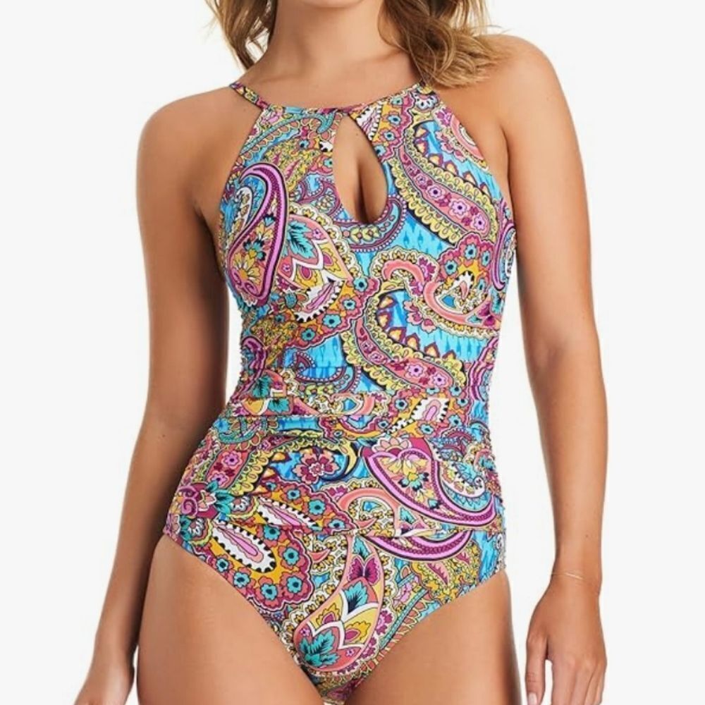 Ellen Tracy Women's Paisley key hole High Neck One Piece Swimsuit size 8